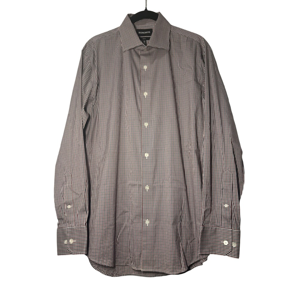 Bonobos Mens Slim Fit Gingham Dress Shirt Burgundy Navy White 16 34 Long Sleeve